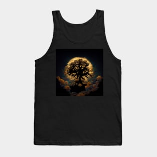 Large old oak tree at night surrounded by glowing magic mushrooms on the ground and a full moon in the sky with fractal clouds Tank Top